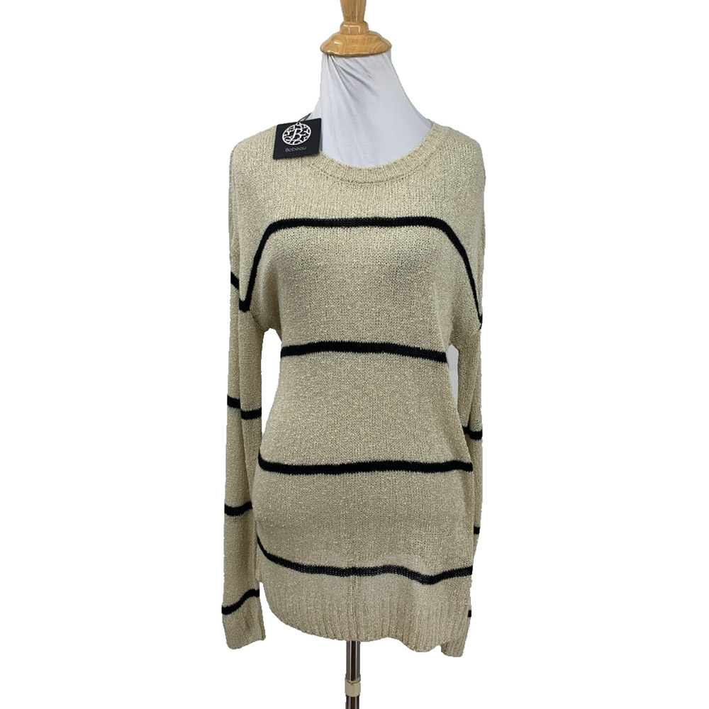 Bobeau Sweater Womens M Medium Oatmeal Black Striped Crew Lightweight Open Knit